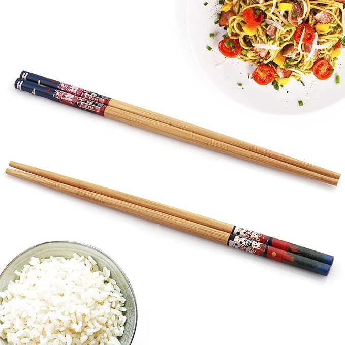 10Pairs Handmade Natural Bamboo Chopsticks Healthy Asian Japanese Korean Noodles Sushi Chopsticks set Reusable Gift Tableware-Cute Cat Drawing